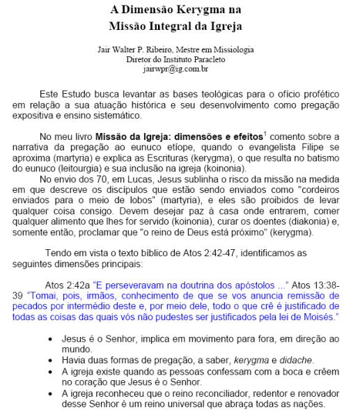 A Dimensão Kerygma na Missão Integral da Igreja